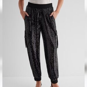 joggers that feature cargo pockets & a sequin fabric
